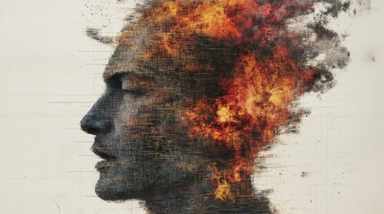 Wall Mural - Fragmented Mind: A profile emerges from a digital grid dissolving into fiery chaos suggesting inner turmoil or creative destruction