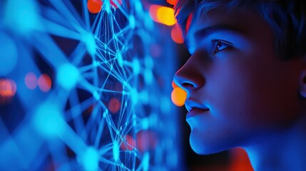 Teenager observes futuristic network, city backdrop, tech concept