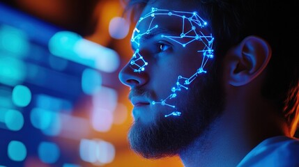 Man's face scanned, digital network, dark office, data screen