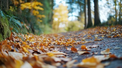Wall Mural - autumn leaves on forest path, serene nature scene