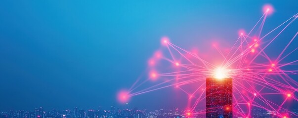 Fototapete - A futuristic skyline shows a tower emitting vibrant, glowing connections, symbolizing technology and innovation in a digital landscape.
