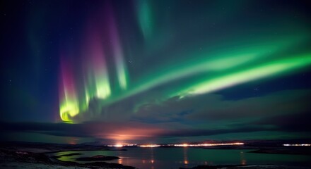 vibrant northern lights aurora over tranquil lake and scenic night sky
