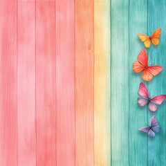 Poster - Colorful Butterflies on Wooden Background with Vibrant Pastel Colors in Shades of Orange, Pink, and Blue