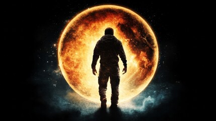 Wall Mural - Silhouette against a celestial orb a figure stands in awe of the cosmos The glowing planet casts a warm light creating a surreal scene