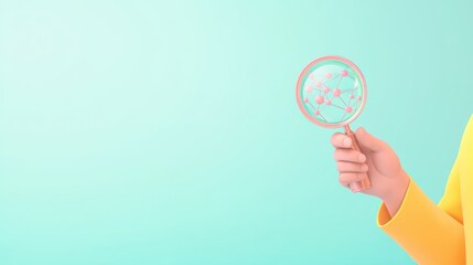 Poster - Hand Holding Magnifying Glass Focusing on Molecular Structure in Bright Mint Green Background for Scientific Research Concepts