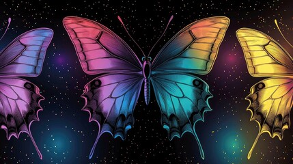 Wall Mural - cosmic butterflies: a vibrant, detailed art print of three iridescent butterflies against a starry n