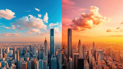 Fototapete - Stunning Cityscape at Sunset and Daytime View of Skyscrapers with Dramatic Cloud Patterns