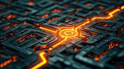 Leinwandbilder - Intricate Labyrinth Design with Glowing Orange Lines and Dark Textured Background