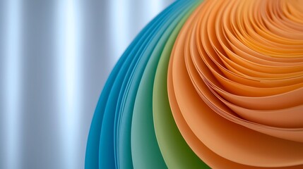 Wall Mural - Colorful spiral arrangement of paper sheets creating a vibrant abstract design against a soft background