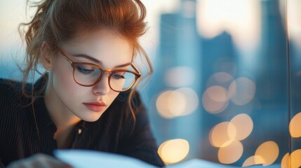 a businesswoman sits at her desk in a power suit, her expression a mixture of exhaustion and determi