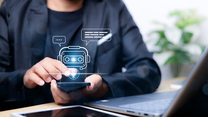 AI Chatbot intelligent digital customer service application concept, Artificial intelligence technology automatically responds to online messages to help customers instantly.