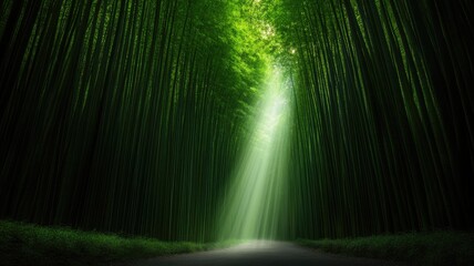 Wall Mural - sunlight beams through tall, dense bamboo forest, creating serene scenery