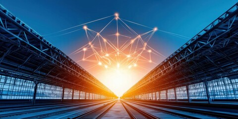 Fototapete - A stunning perspective of railway tracks converging at a bright sunrise, framed by industrial structures and interconnected elements above.