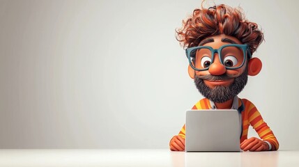 quirky cartoon computer character typing furiously on clean white background