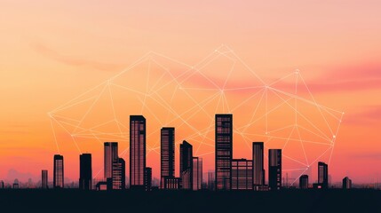 Fototapete - A silhouette of modern skyscrapers against a vibrant sunset, with a network overlay symbolizing connectivity and technology.