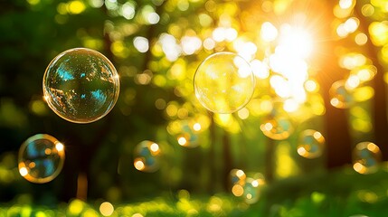 Wall Mural - sunlit bubbles in a lush green forest: a dreamy nature photography