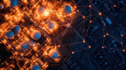 Fototapete - Aerial view of an industrial area illuminated by orange lights, showcasing interconnected structures amidst a dark background.