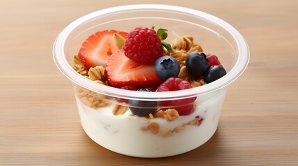 Closeup of a sealed yogurt cup with a delightful topping of crunchy granola fresh berries and citrus slices creating a nutritious and visually appealing breakfast or snack option