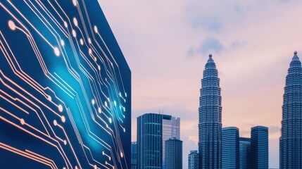 Fototapete - A digital circuit design juxtaposed against a city skyline at dusk, highlighting the intersection of technology and urban life.