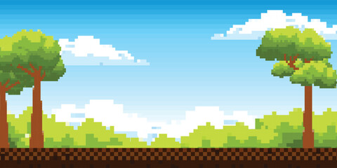 flat cartoon of pixel art illustration of landscape green garden background. pixel arcade display fo