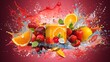 © ChrisTYCat - Visually striking image featuring a sealed juice box with a vibrant dynamic fruit splash effect  The colorful energetic liquid explosion creates a captivating and eye catching visual