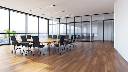 Wall Mural - Modern conference room with wooden floor, glass walls, and contemporary furniture in bright, spacious office interior. 3D Rendering