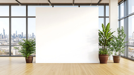 Wall Mural - Blank white wall in a modern office interior with wooden floor and glass windows, featuring potted plants and city view backdrop. 3D Rendering