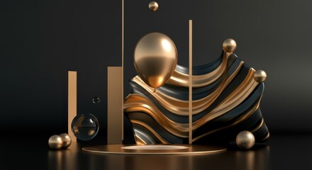 Wall Mural - Abstract gold and black geometric sculpture with spheres in modern art composition