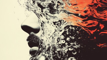 Sticker - A striking profile portrait merges a human face with the fluidity of water creating a dynamic blend of texture and form against an artistic backdrop