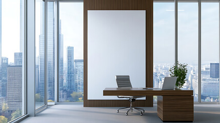 Wall Mural - Modern executive office interior with desk, chair, large windows showcasing city view, and blank vertical canvas for advertising. 3D Rendering