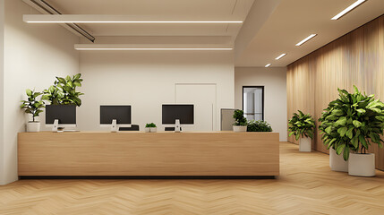 Wall Mural - Modern reception desk in sleek office interior with wooden accents and clean design, featuring monitors and plants on a wooden floor. 3D Rendering