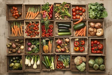 a charming display of freshly harvested tomatoes, zucchinis, and carrots in wooden crates showcases 