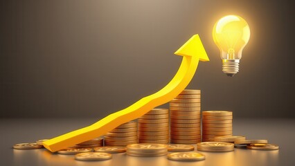 Wall Mural - Stacks of coins, light bulb and increasing graph. Concept illustration for start up idea.