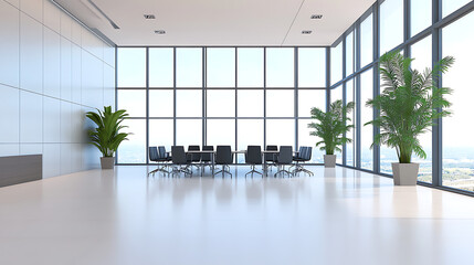 Wall Mural - Modern conference room with large windows, sleek furniture, and potted plants on a light floor and minimalist interior design. 3D Rendering