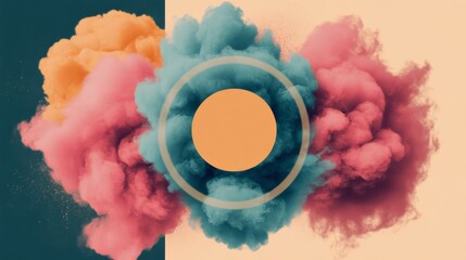 Sticker - Abstract explosion of colorful powder and smoke in orange blue and pink tones against contrasting backgrounds with a central circle