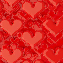 Wall Mural - Festive red hearts background for Valentine's day of bright glossy scarlet hearts different size on red background as random pattern. 3D illustration for advertising, design, poster, card, flyer.