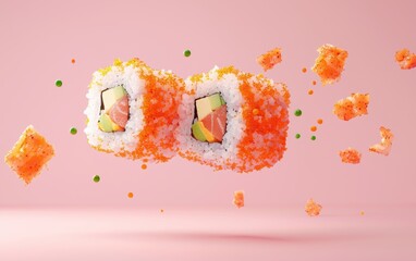 Wall Mural - 3D icon cartoon of Levitating spicy tuna roll with sriracha mayo and crispy tempura flakes on a pastel pink background