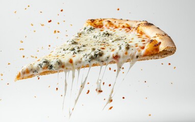 Canvas Print - A bold four-cheese pizza with melted gorgonzola, parmesan, mozzarella, and fontina suspended in motion, clean white background