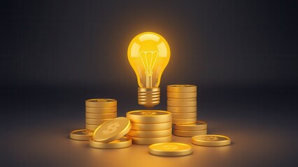 Wall Mural - Stacks of coins, light bulb and increasing graph. Concept illustration for start up idea.