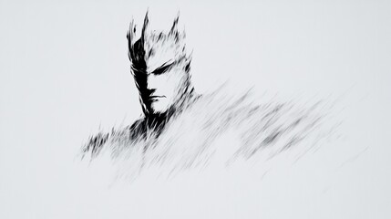 Wall Mural - Monochrome stylized figure with jagged edges and dark features emerging from a blurred background evoking power and mystery