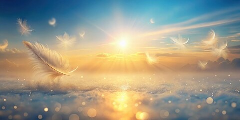 Wall Mural - Serene Sunset Landscape with Delicate Feathery Elements Drifting on a Gentle Breeze Across a Sparkling Surface