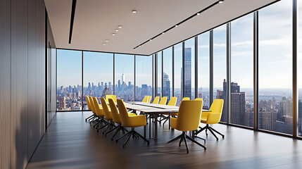 Wall Mural - Modern boardroom with yellow chairs, large table, and floor-to-ceiling windows overlooking cityscape. Contemporary interior design. 3D Rendering