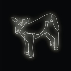 Canvas Print - White neon line art illustration of a calf standing on black background