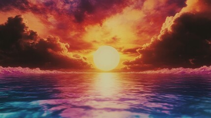 Wall Mural - A vibrant sunset sky filled with clouds reflecting on the calm ocean An ethereal scene where the sky meets the water in colorful light