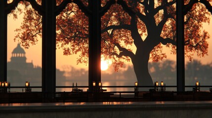 Sticker - Warm glow of sunset lights a tranquil scene through window with autumnal trees creating inviting atmosphere and natural beauty