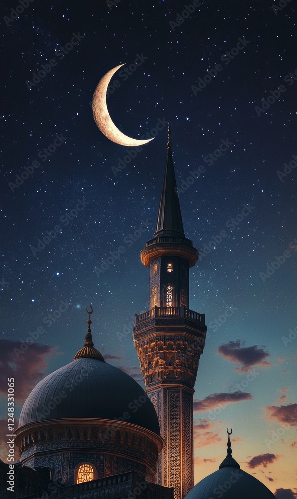 Night scene of a mosque minaret and dome under crescent moon and starry ...