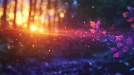 Canvas Print - Vibrant forest scene with colorful leaves and glowing light trails creating an ethereal and magical atmosphere Nature's beauty shines through