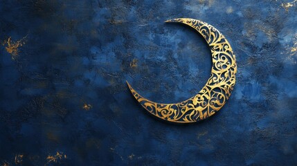 Wall Mural - Ornate Golden Crescent Moon on Dark Blue Background