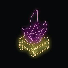 Poster - Neon sign of a bonfire burning with bright purple and yellow neon on a black background