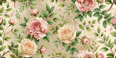 Poster - Elegant floral pattern featuring a profusion of blush and cream roses and lush green foliage on a beige background